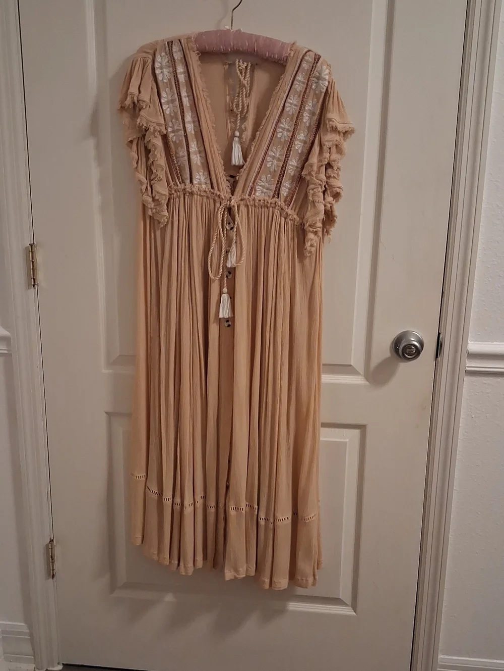 Free People Neutral Beige Embroidered Tassel Maxi Dress